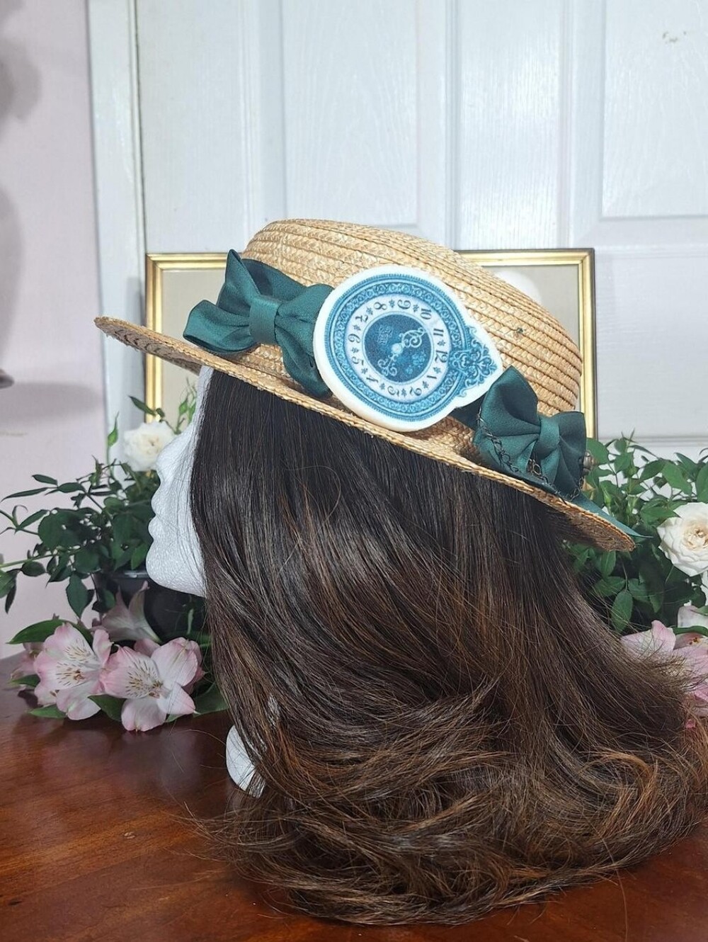 Innocent World Straw Hat Green Ribbon Pocket Watch Charm Classic Country Lolita